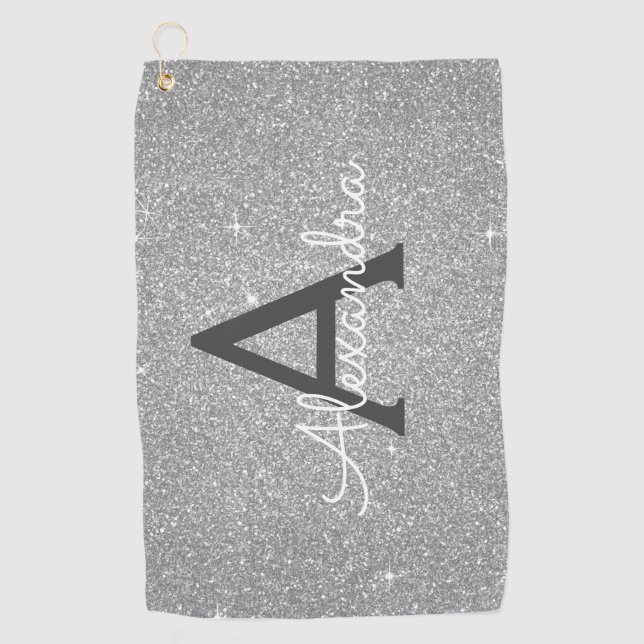 Silver Glitter & Sparkle Monogram Name Golf Towel (Front)