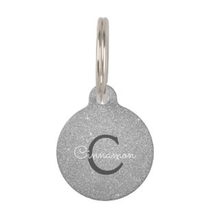 Silver Glitter & Sparkle Monogram Name Pet ID Tag