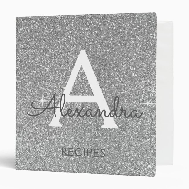 Silver Glitter Sparkle Monogram Recipe 3 Ring Binder (Front/Inside)