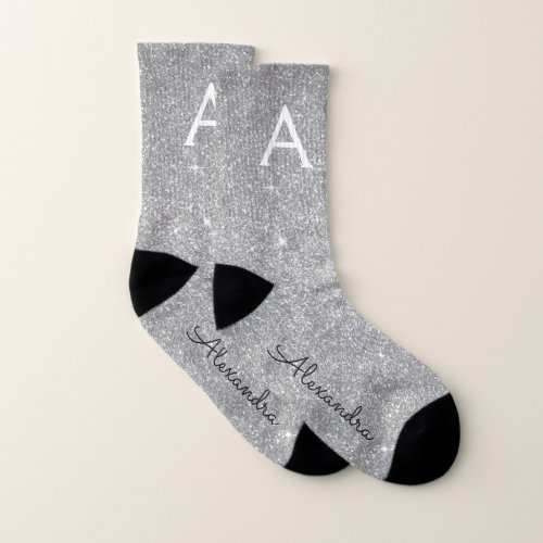 Silver Glitter  Sparkle Monogram Socks