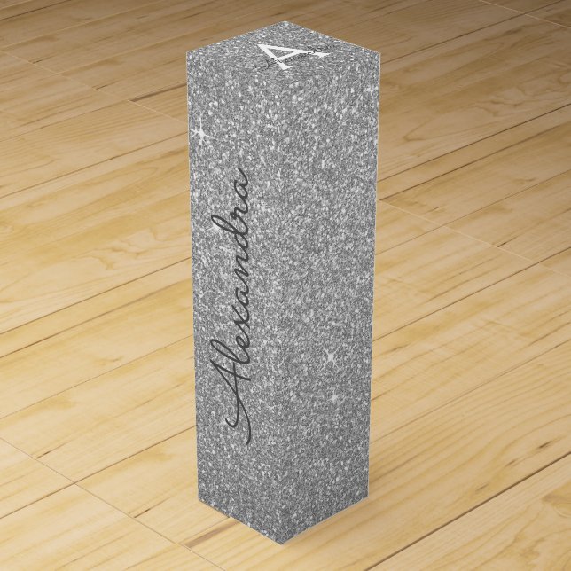 Silver Glitter & Sparkle Monogram Wine Box (Front)