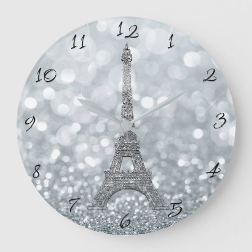 Silver Glitter Sparkle Paris Eiffel Tower Glam Large Clock
