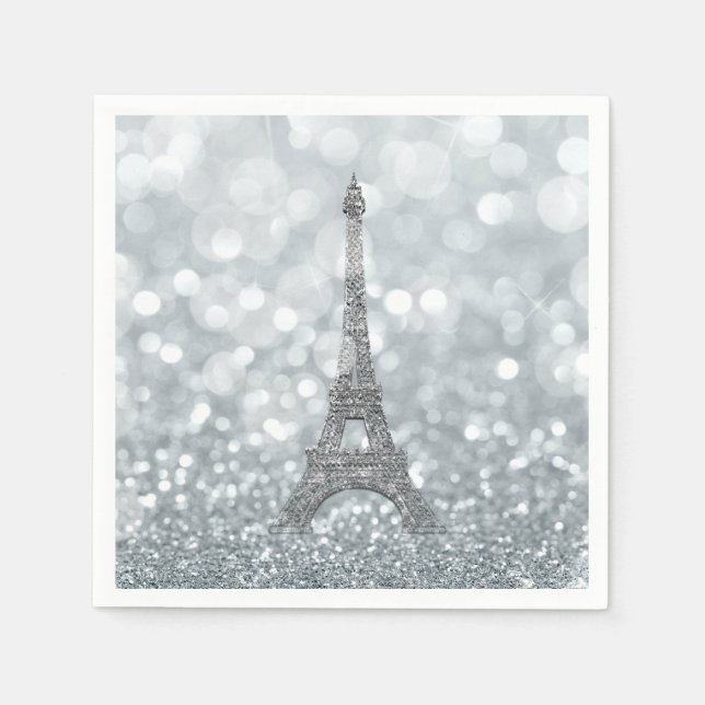 Silver Glitter Sparkle Paris Eiffel Tower Glam Napkins (Front)