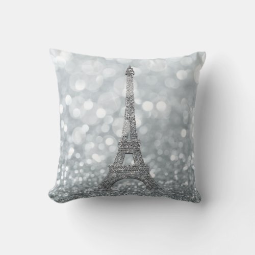 Silver Glitter Sparkle Paris Eiffel Tower Glam Throw Pillow