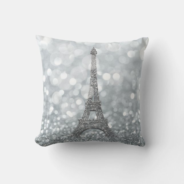 Silver Glitter Sparkle Paris Eiffel Tower Glam Throw Pillow (Front)