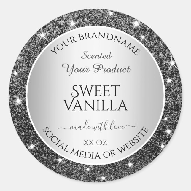 Silver Glitter Sparkle Product Packaging Labels (Front)