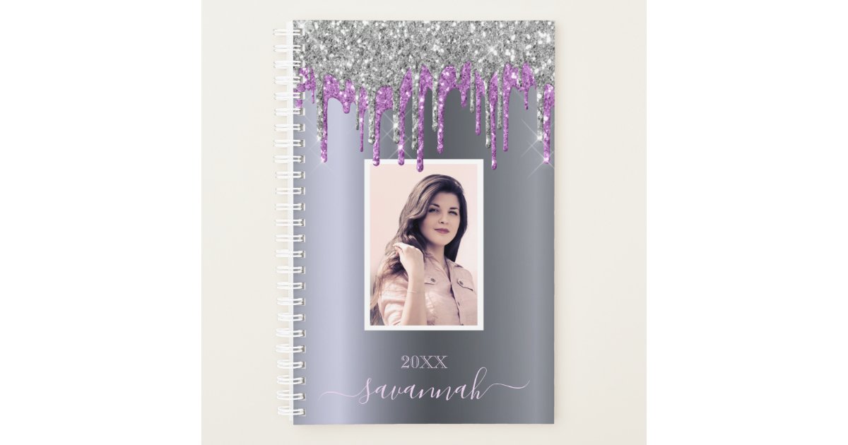 Silver glitter sparkle purple custom photo 2023 planner Zazzle