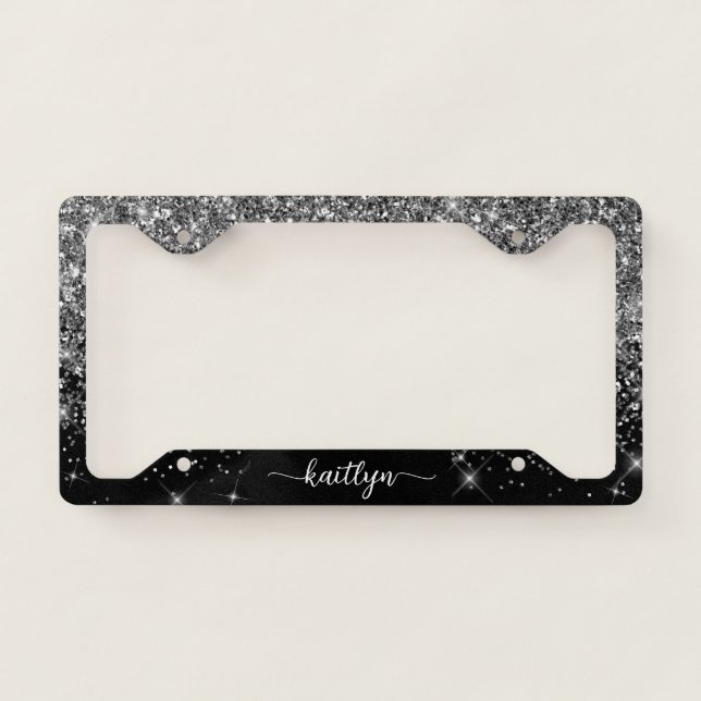 Silver Glitter Sparkle Script Monogram License Plate Frame (Front)