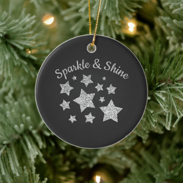Silver glitter sparkle Stars Shine quote dark gray Ceramic Ornament (Tree)