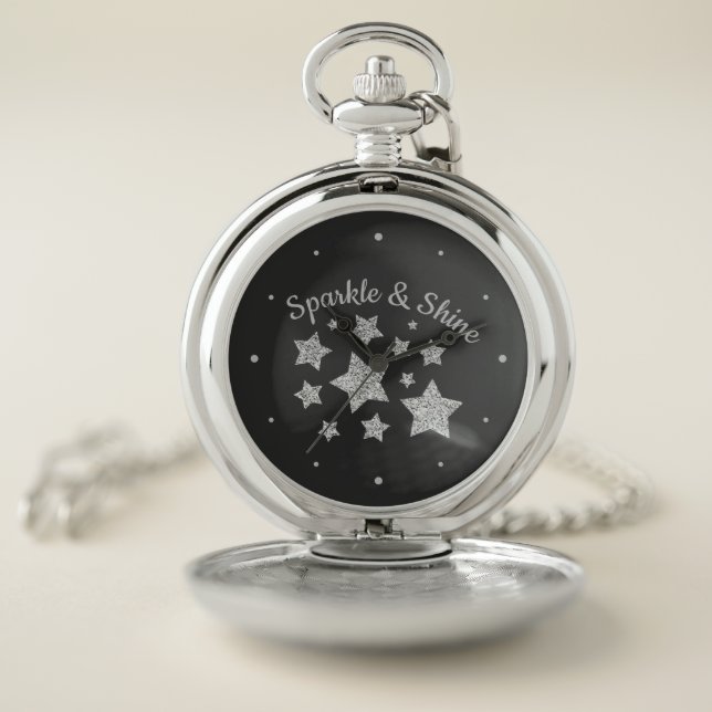 Silver glitter sparkle Stars Shine quote dark gray Pocket Watch (Inside)