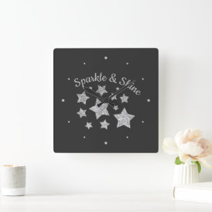 Silver glitter sparkle Stars Shine quote dark gray Square Wall Clock