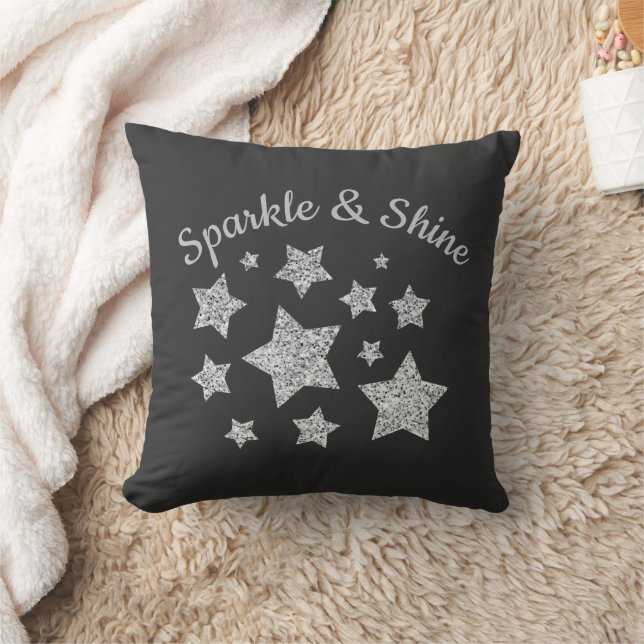 Silver glitter sparkle Stars Shine quote dark gray Throw Pillow (Blanket)