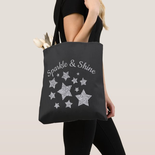 Silver glitter sparkle Stars Shine quote dark gray Tote Bag (Close Up)