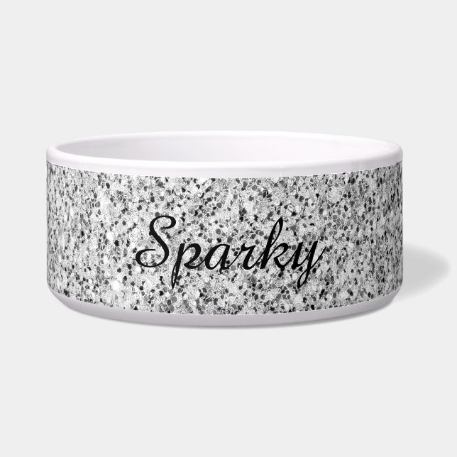 Silver glitter sparkles black white Personalize Bowl (Front)