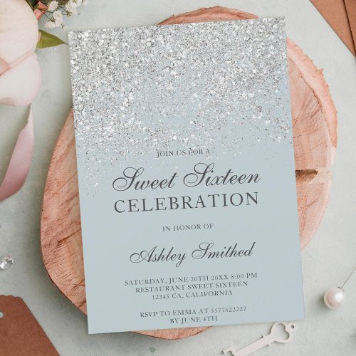 Silver glitter sparkles blue chic sweet sixteen invitation