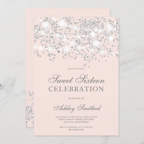 Silver glitter sparkles blush pink sweet sixteen invitation