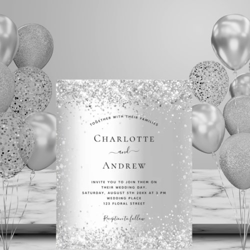 Silver glitter sparkles budget wedding invitation flyer