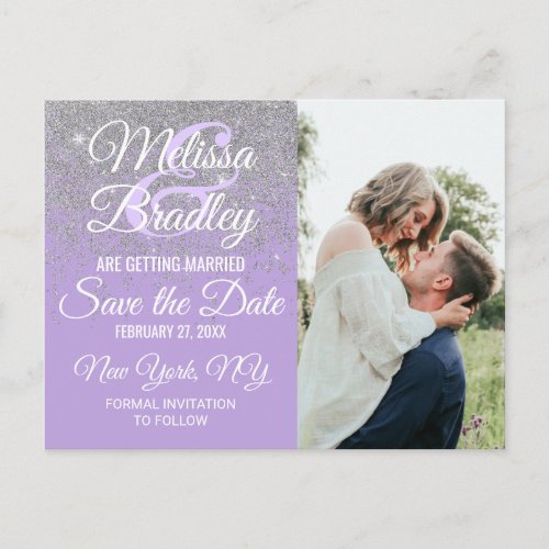 Silver Glitter Sparkles Dark Lavender Save Date Announcement Postcard