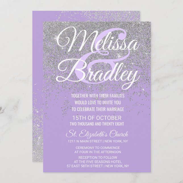 Silver Glitter Sparkles Dark Lavender Wedding Invitation (Front/Back)