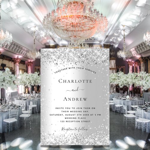 Silver glitter sparkles elegant wedding invitation