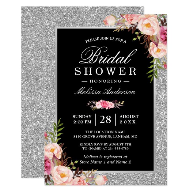 Silver Glitter Sparkles Floral Bridal Shower Invitation