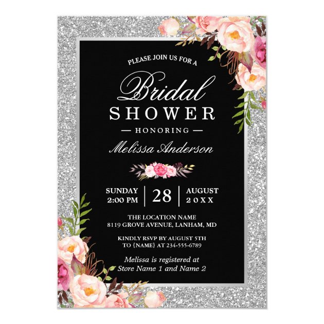 Silver Glitter Sparkles Floral Bridal Shower Invitation