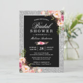 Silver Glitter Sparkles Floral Bridal Shower Invitation (Standing Front)
