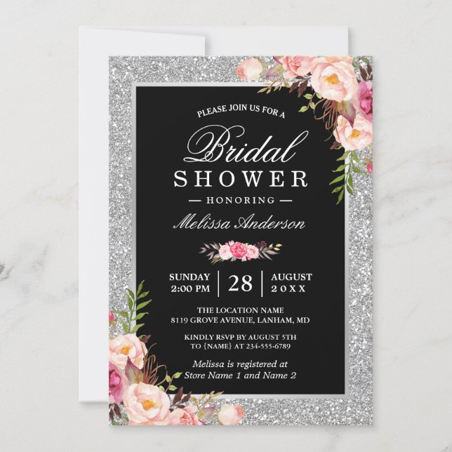 Silver Glitter Sparkles Floral Bridal Shower Invitation (Front)