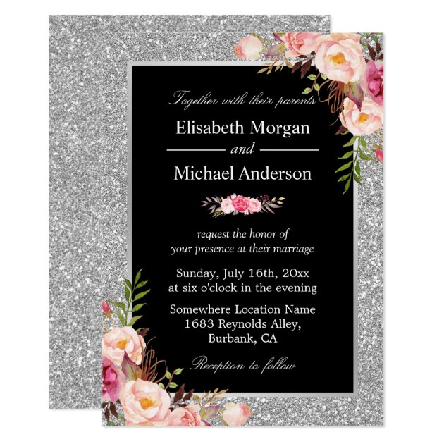 Silver Glitter Sparkles Floral Wedding Invitation