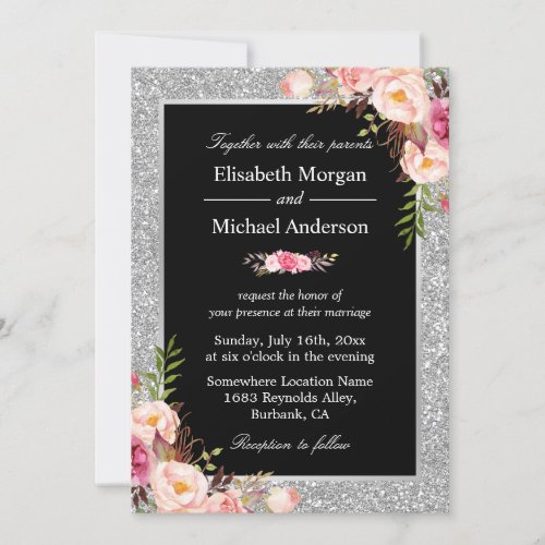 Silver Glitter Sparkles Floral Wedding Invitation