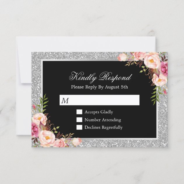 Silver Glitter Sparkles Floral Wedding RSVP Reply