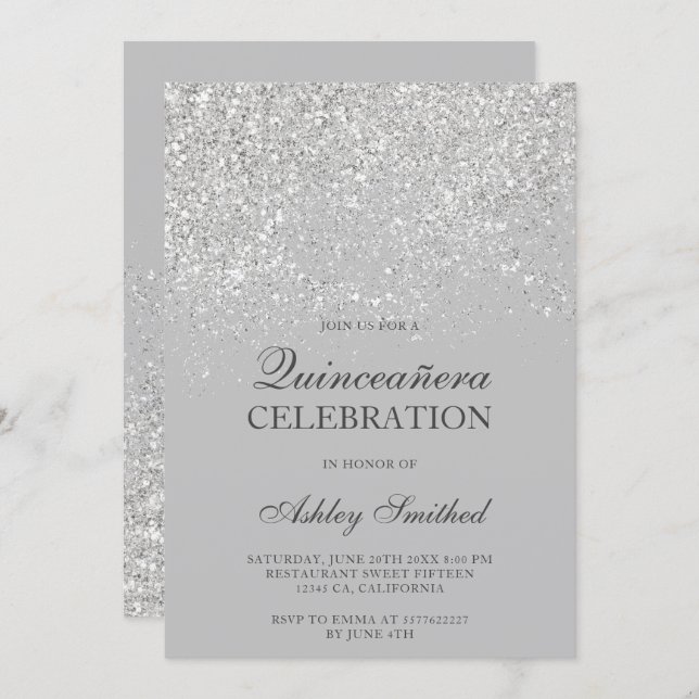 Silver glitter sparkles gray chic Quinceañera Invitation (Front/Back)