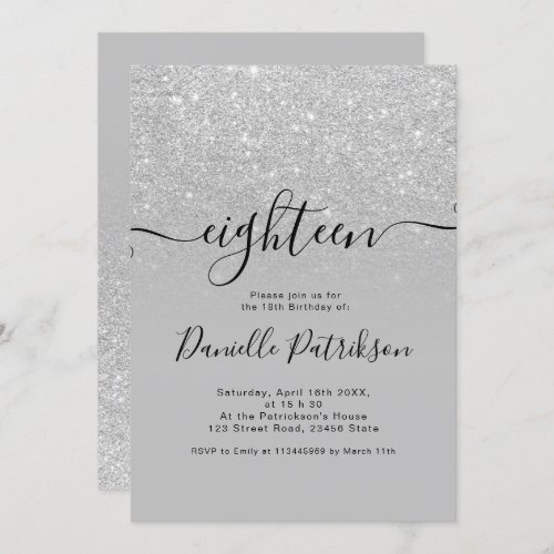 Silver glitter sparkles gray ombre eighteen invitation