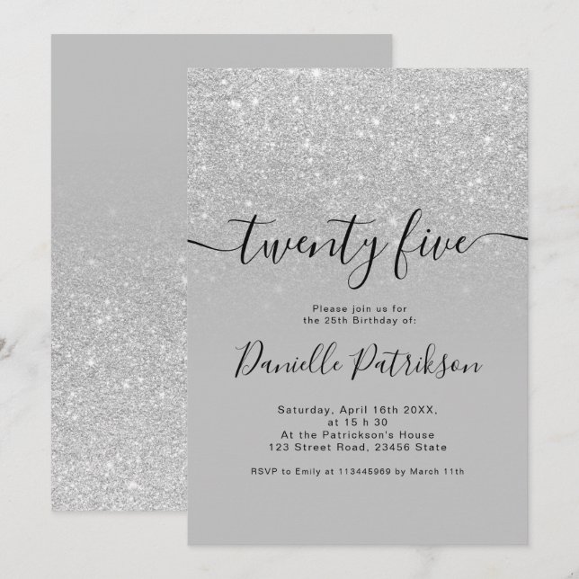 Silver glitter sparkles gray ombre twenty five invitation (Front/Back)