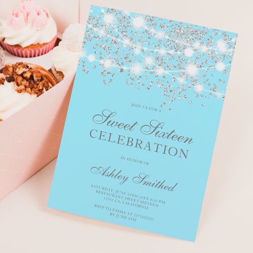 Silver glitter sparkles ice blue sweet sixteen invitation