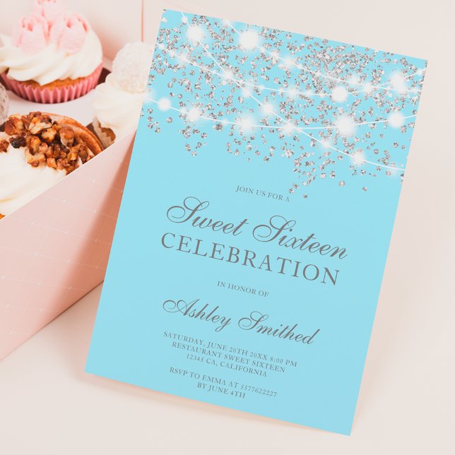 Silver glitter sparkles ice blue sweet sixteen invitation (Creator Uploaded)