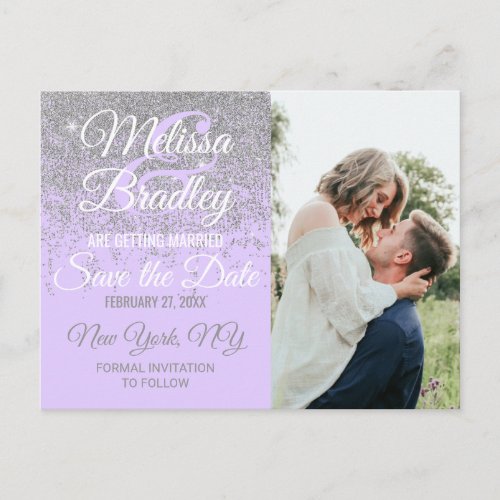 Silver Glitter Sparkles Lavender Purple Save Date Announcement Postcard