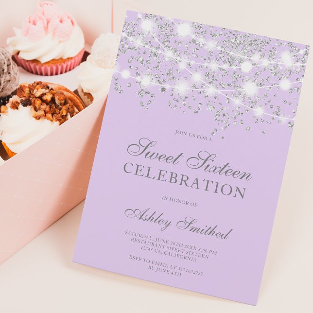Silver glitter sparkles lavender sweet sixteen invitation (Creator Uploaded)