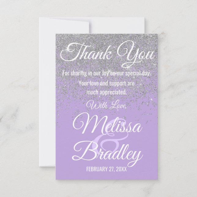 Silver Glitter Sparkles Lavender Thank You Card (Front)