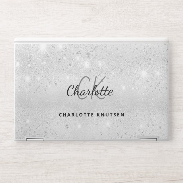 Silver glitter sparkles monogram initials name HP laptop skin (Front)