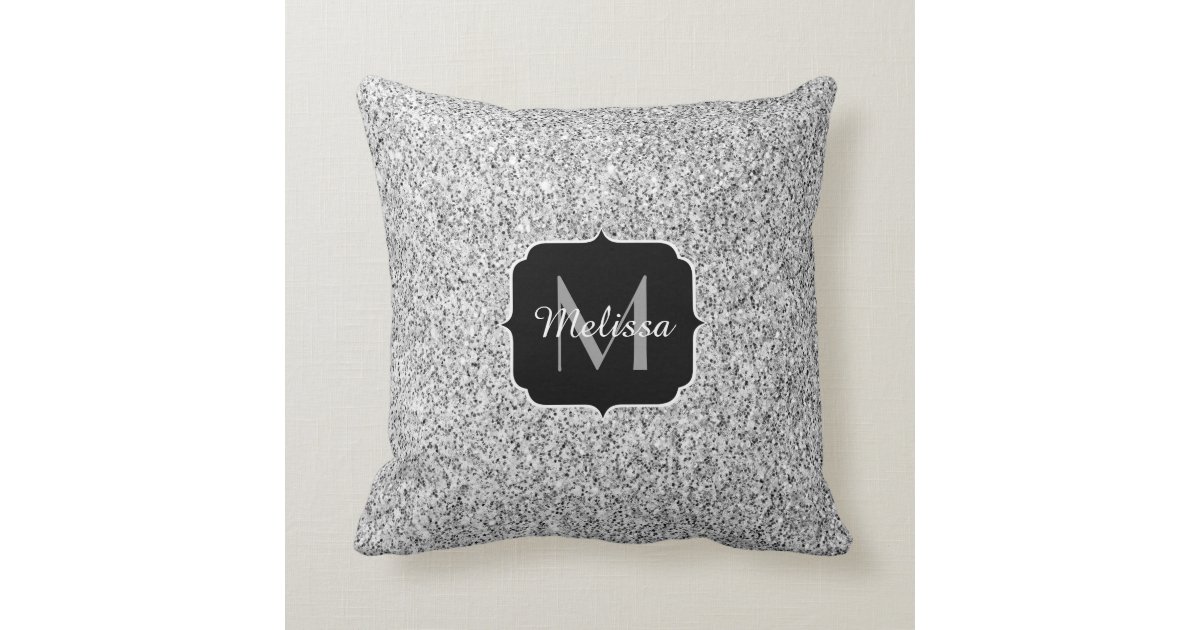 Silver Glitter Sparkles Monogram Pldesign Throw Pillow Zazzle Com