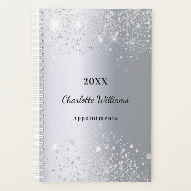 Silver glitter sparkles monogram script planner (Front)