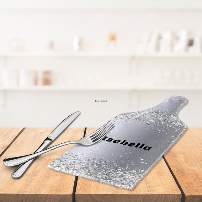 Silver glitter sparkles name glamorous unique cutting board (Creator Uploaded)
