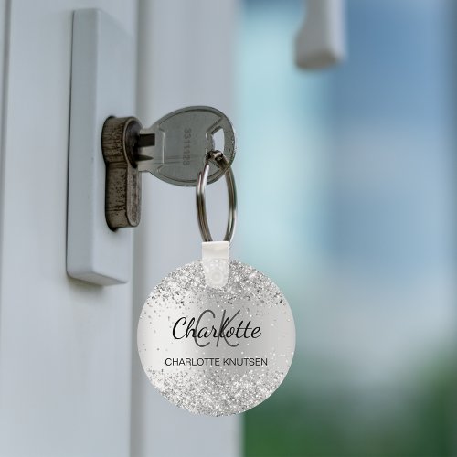 Silver glitter sparkles name monogram keychain