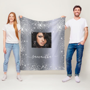 Silver glitter sparkles name photo script stylish fleece blanket