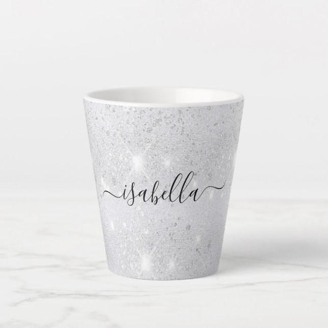 Silver glitter sparkles name script  latte mug (Front)