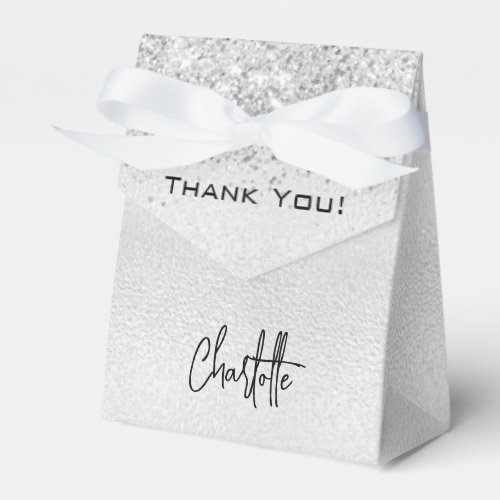 Silver glitter sparkles name script thank you favor boxes