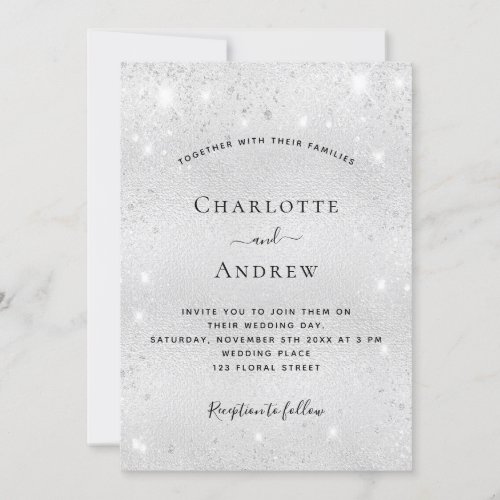 Silver glitter sparkles QR code RSVP wedding Invitation