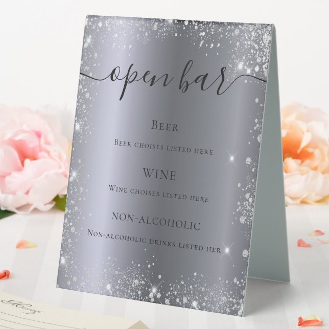 Silver glitter sparkles script bar menu table tent (In SItu (Wedding))