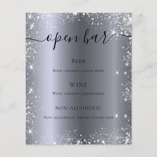 Silver glitter sparkles script budget bar menu flyer (Front)